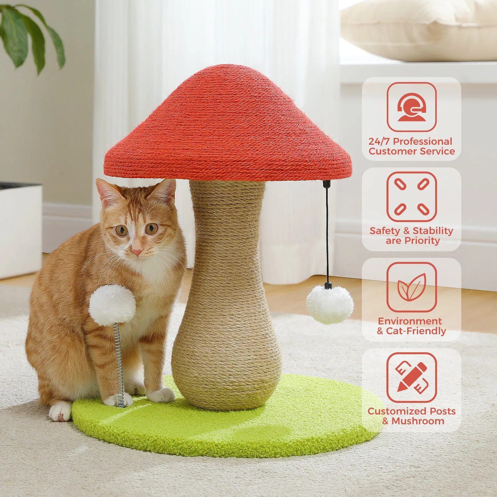 Cozy Mushroom Cat Scratching Post with Spring Ball Toy for Indoor Cats