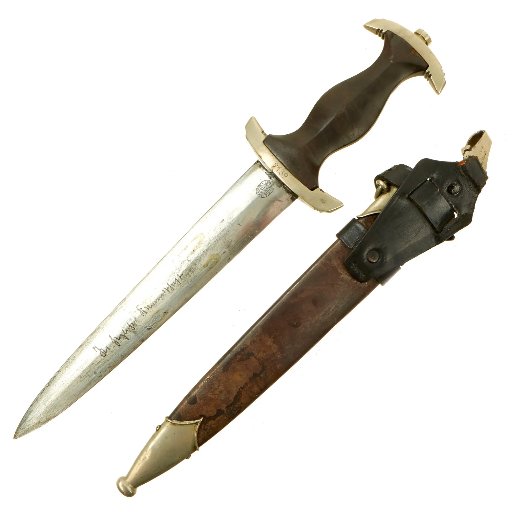Original German WWII Early Partial Ground Röhm Signature Identified Numbered M33 SS Dagger by Eickhorn with Scabbard & Rare Vertical Belt Hanger