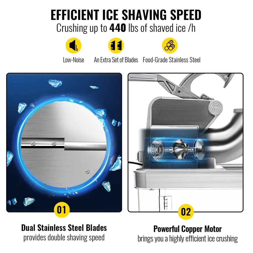 Vevor 110V Commercial Ice Crusher 440LBS/H, ETL Approved 300W Electric Snow Cone Machine with Dual Blades, Stainless Steel Shaved Ice Machine with Safety On/Off Switch