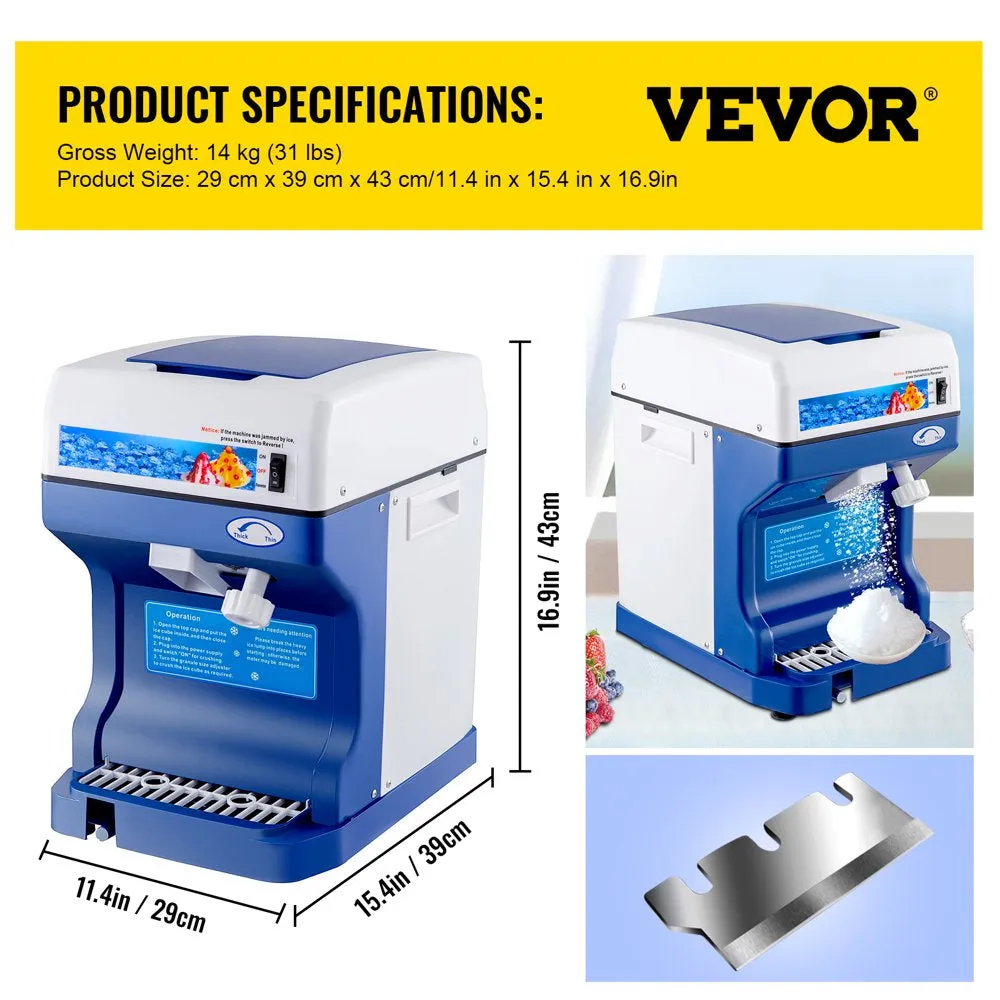 Vevor Electric Ice Shaver Machine 250W Snow Cone Maker 265Lbs/H. for Home and Commercial